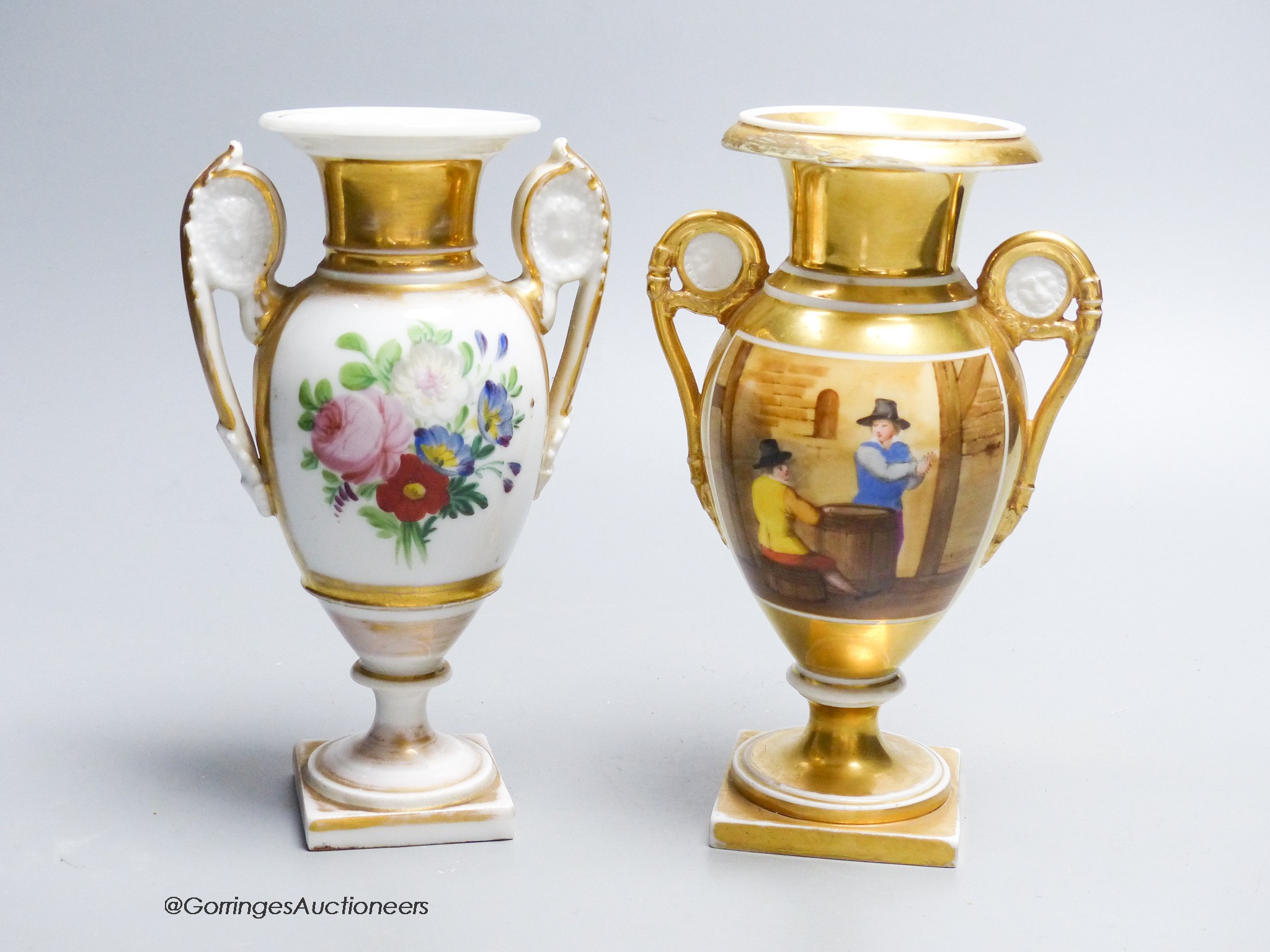 A pair of French porcelain two-handled vases, height 16.5cm